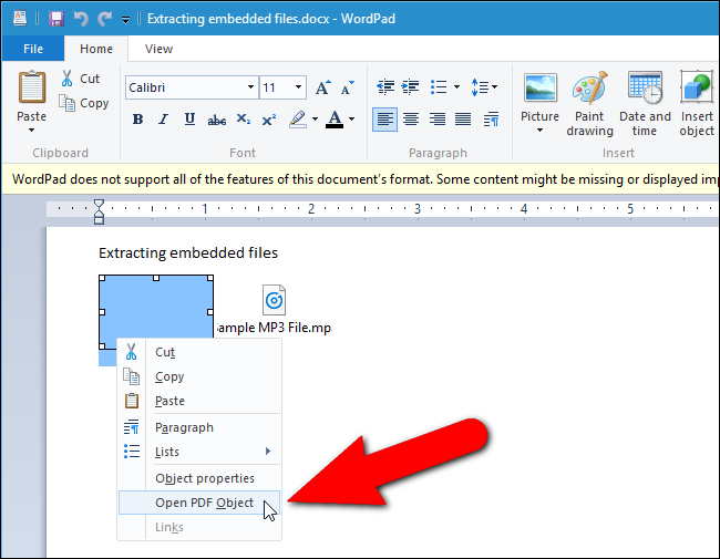 Открытие встроенного PDF-объекта через WordPad