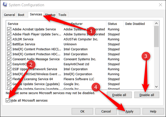Скрытие служб Microsoft и отключение остальных