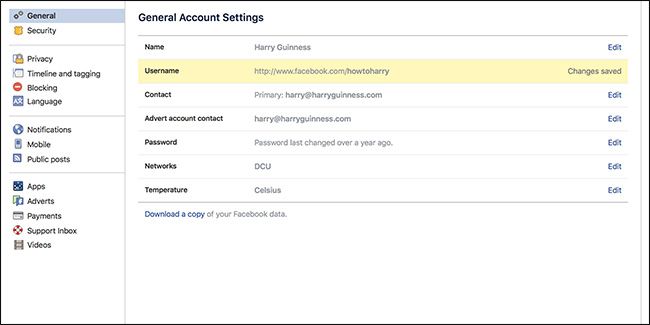 Уведомление об успешном изменении имени пользователя и новая ссылка профиля