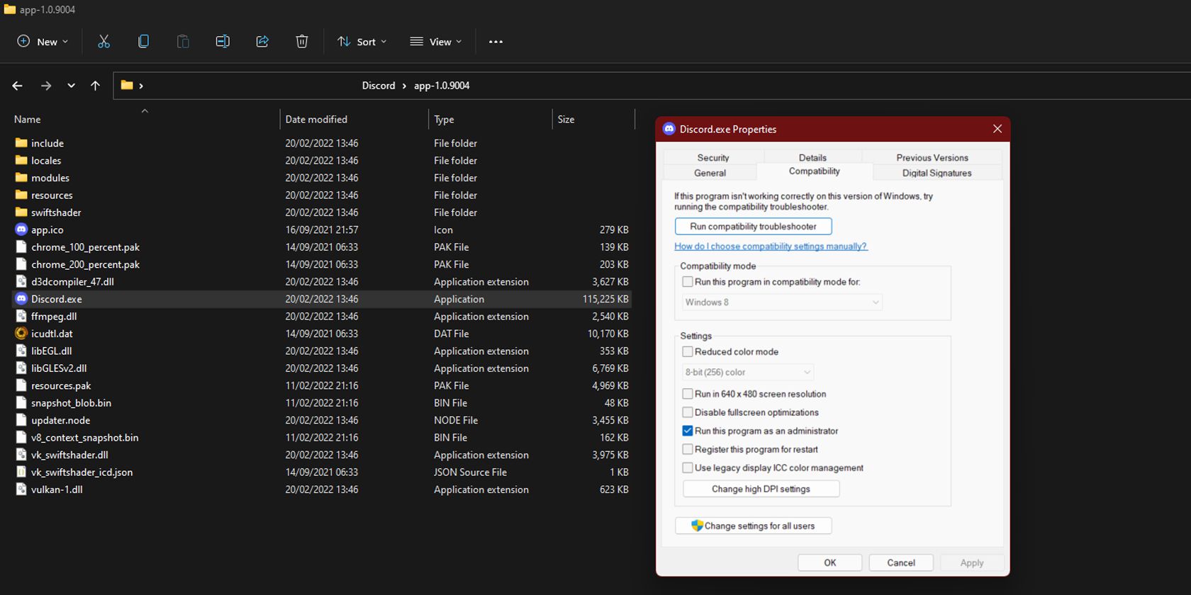 Изображение, показывающее запуск Discord с правами администратора постоянно
