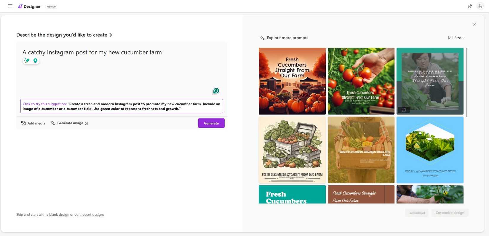 Генерация поста в Microsoft Designer на тему фермы огурцов