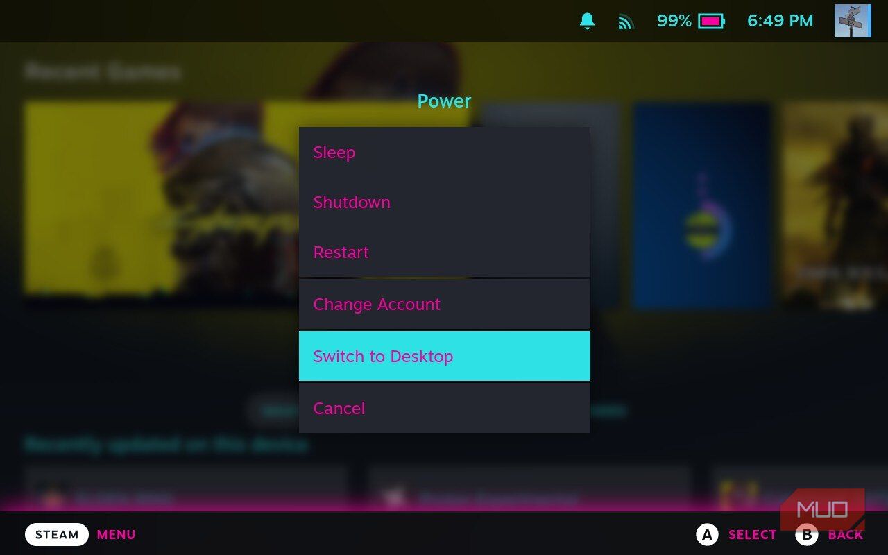 Pink and gray menu with blurred yellow background and switch to desktop selected