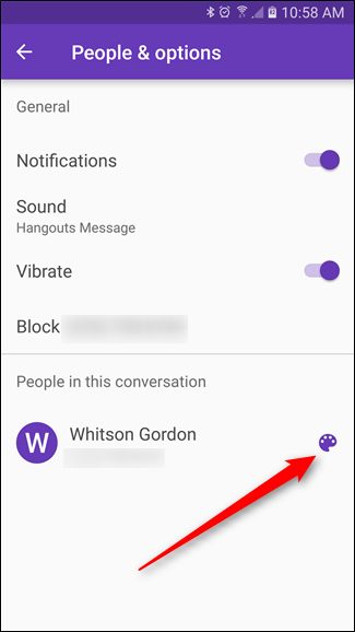 Секция с именем контакта и иконкой палитры для смены цвета