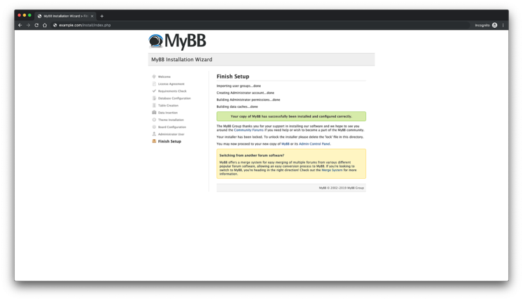 Завершение установки MyBB