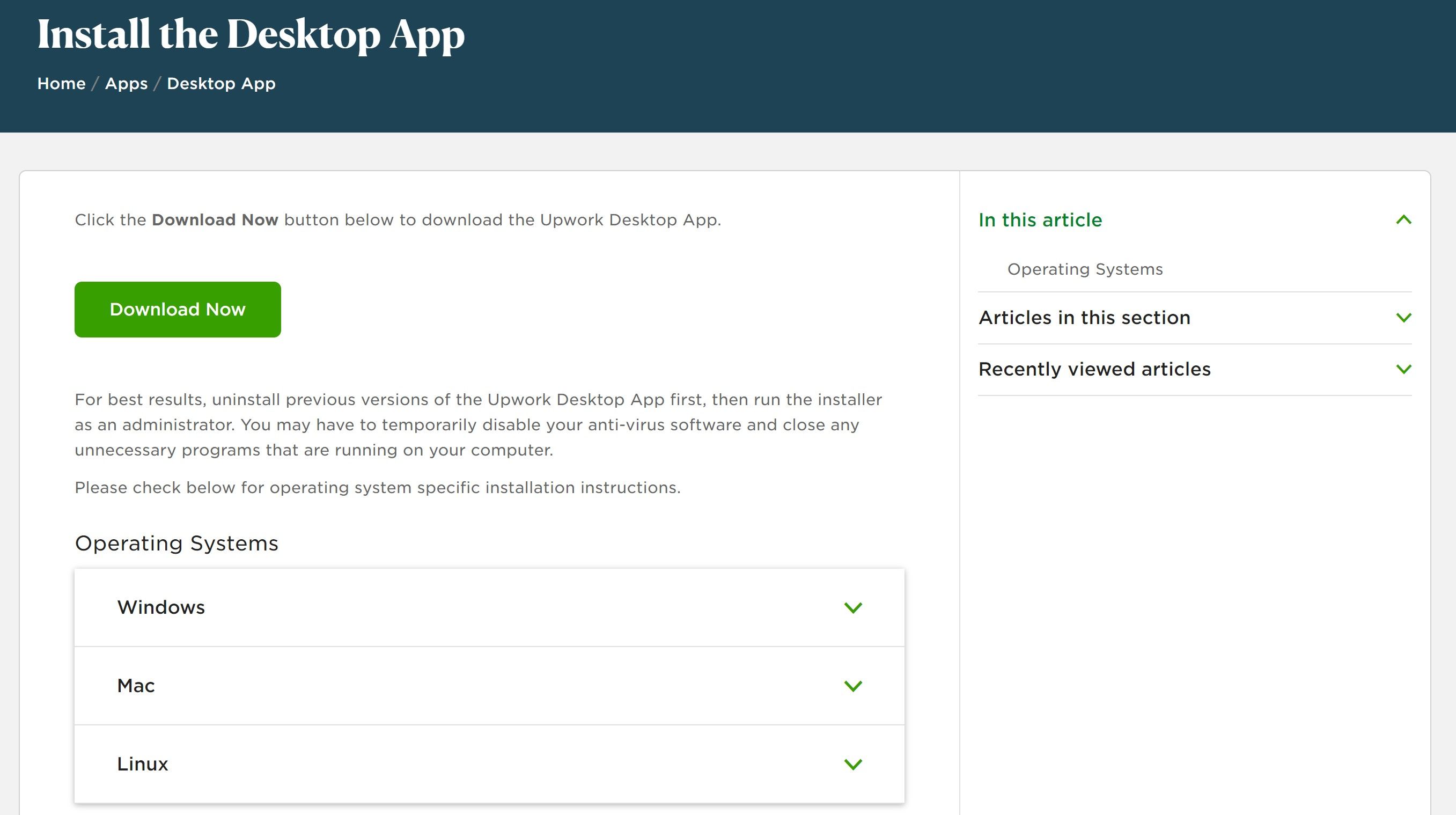 Download page for Upwork Desktop app