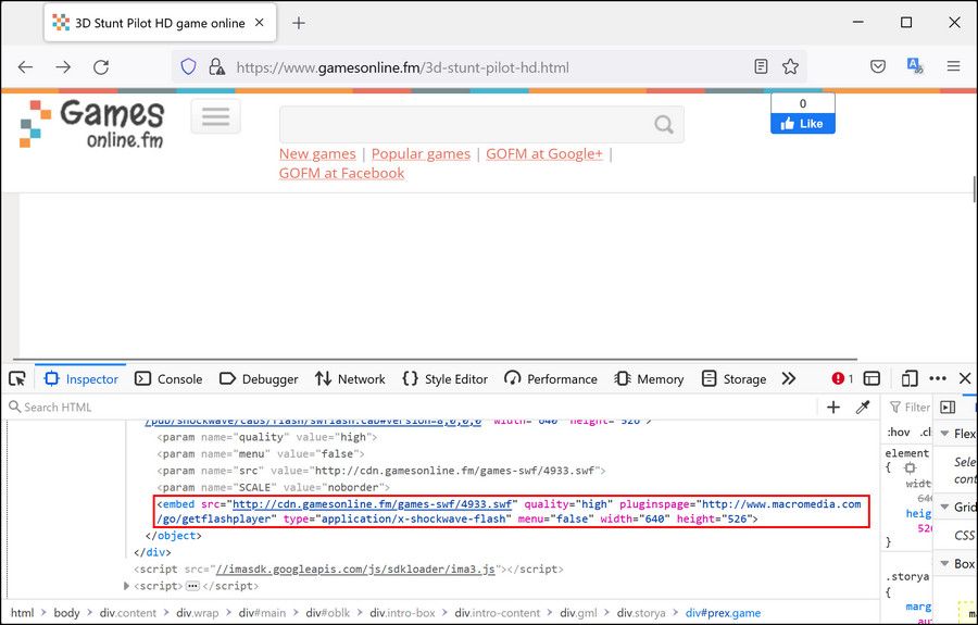 Найденный embed‑элемент в Firefox