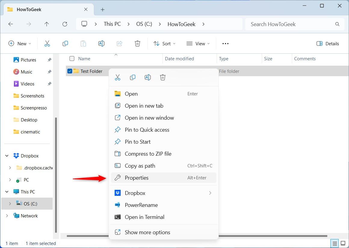 Контекстное меню папки в Проводнике Windows 11