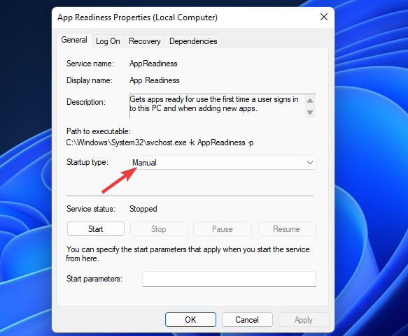 Выбор типа запуска «Вручную» для службы App Readiness
