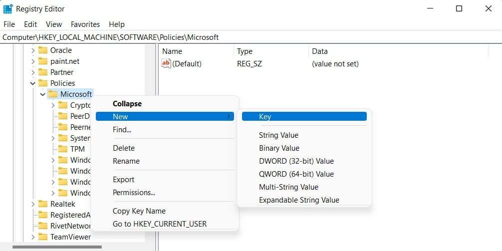 Добавление нового ключа реестра