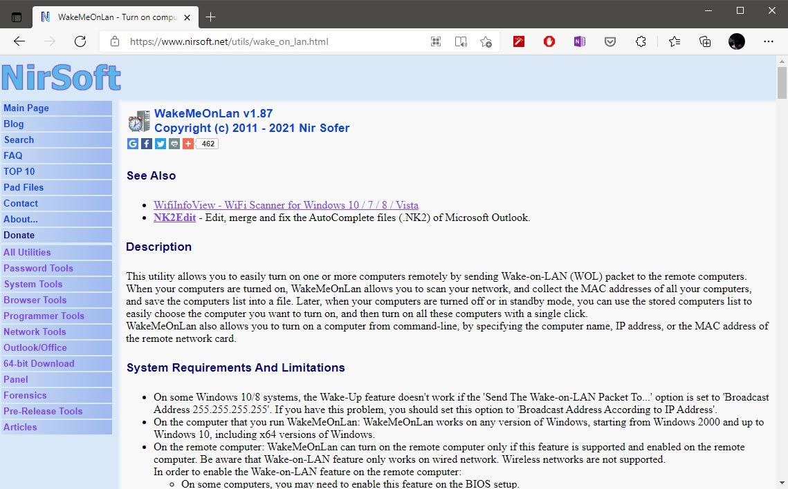 Страница загрузки WakeMeOnLan на сайте NirSoft