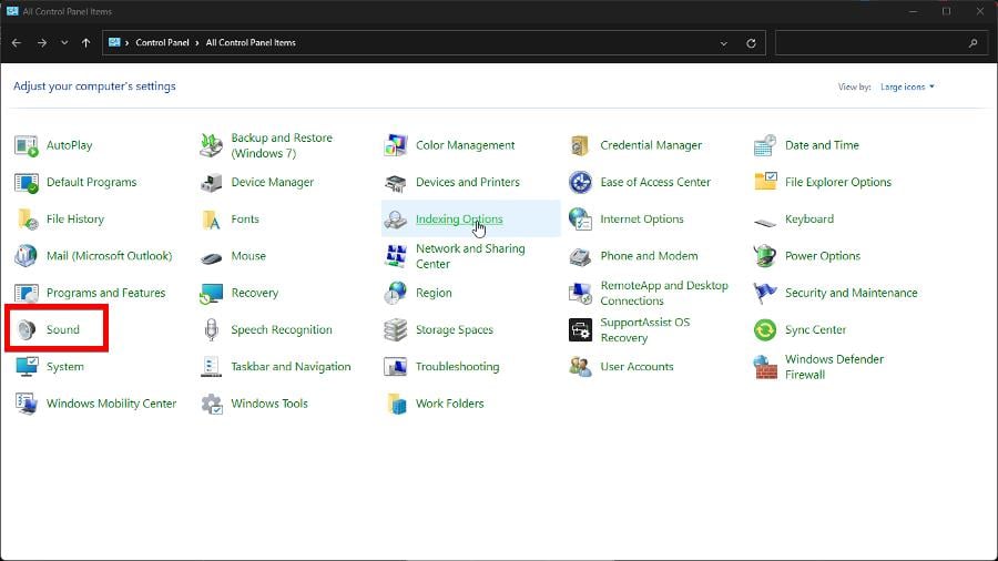 Панель управления Windows — раздел Звук с видом на значки