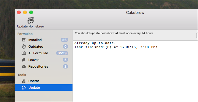 Инструмент Update в Cakebrew — запуск обновления Homebrew и формул