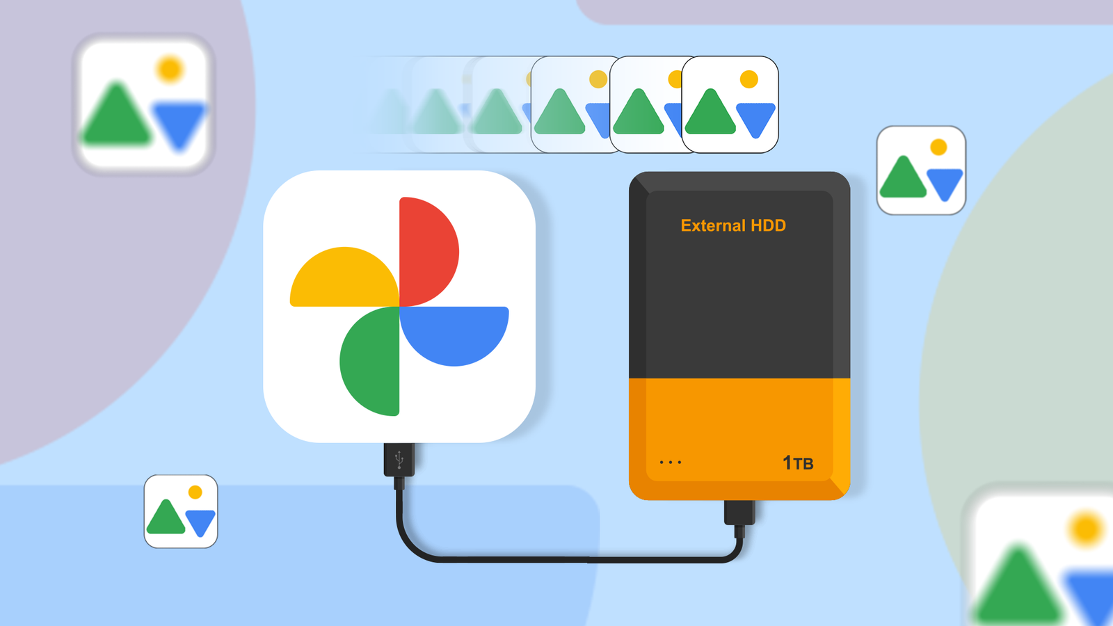 Иллюстрация логотипа Google Photos, подключённого к внешнему жёсткому диску, вокруг него множество иконок фотографий.