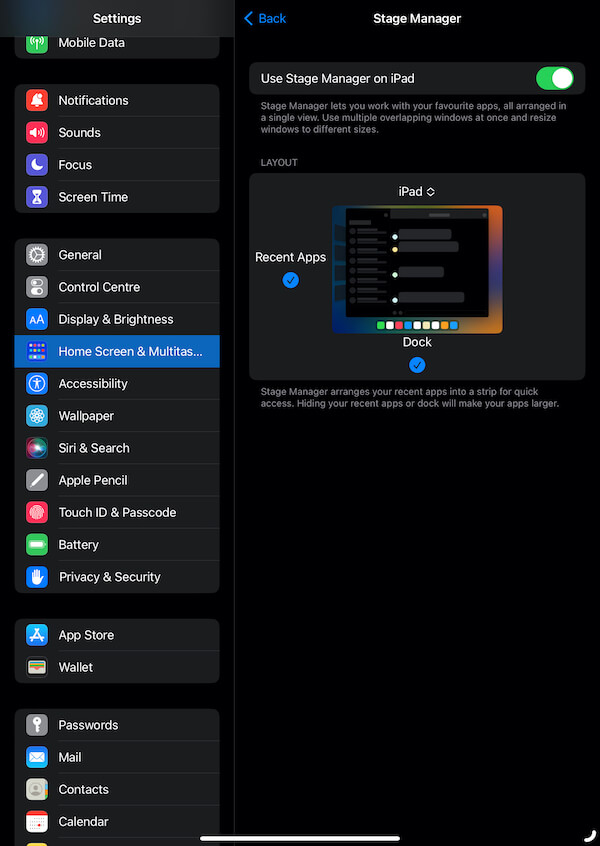 Параметры отображения Stage Manager на iPad: Быстрый доступ к недавно использованным приложениям и доку
