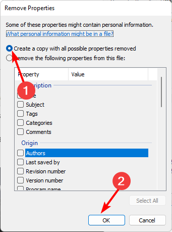 Диалог 'Создать копию с удалёнными свойствами'