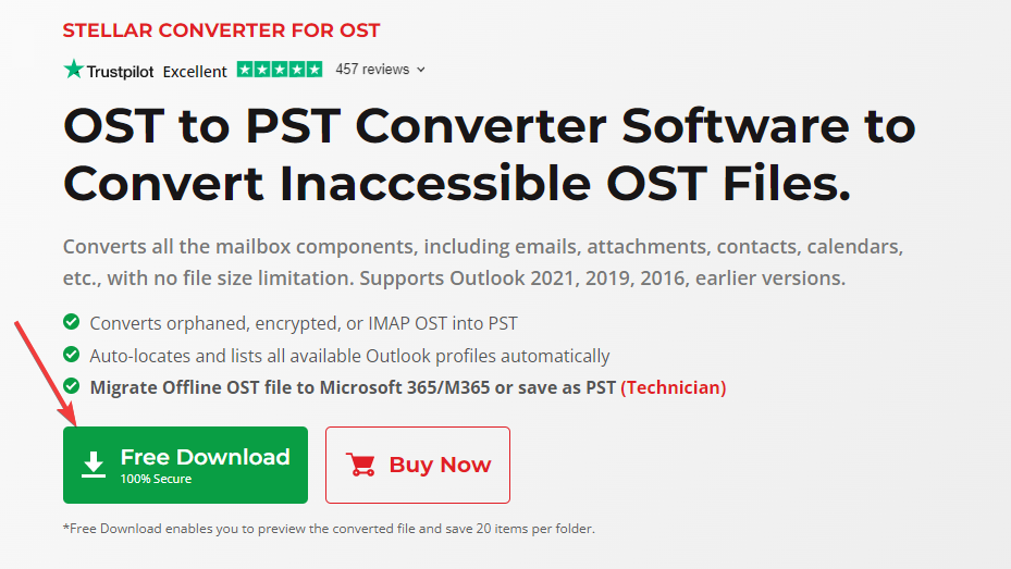 Bouton et page de téléchargement de Stellar Converter for OST montrant l'option Free Download