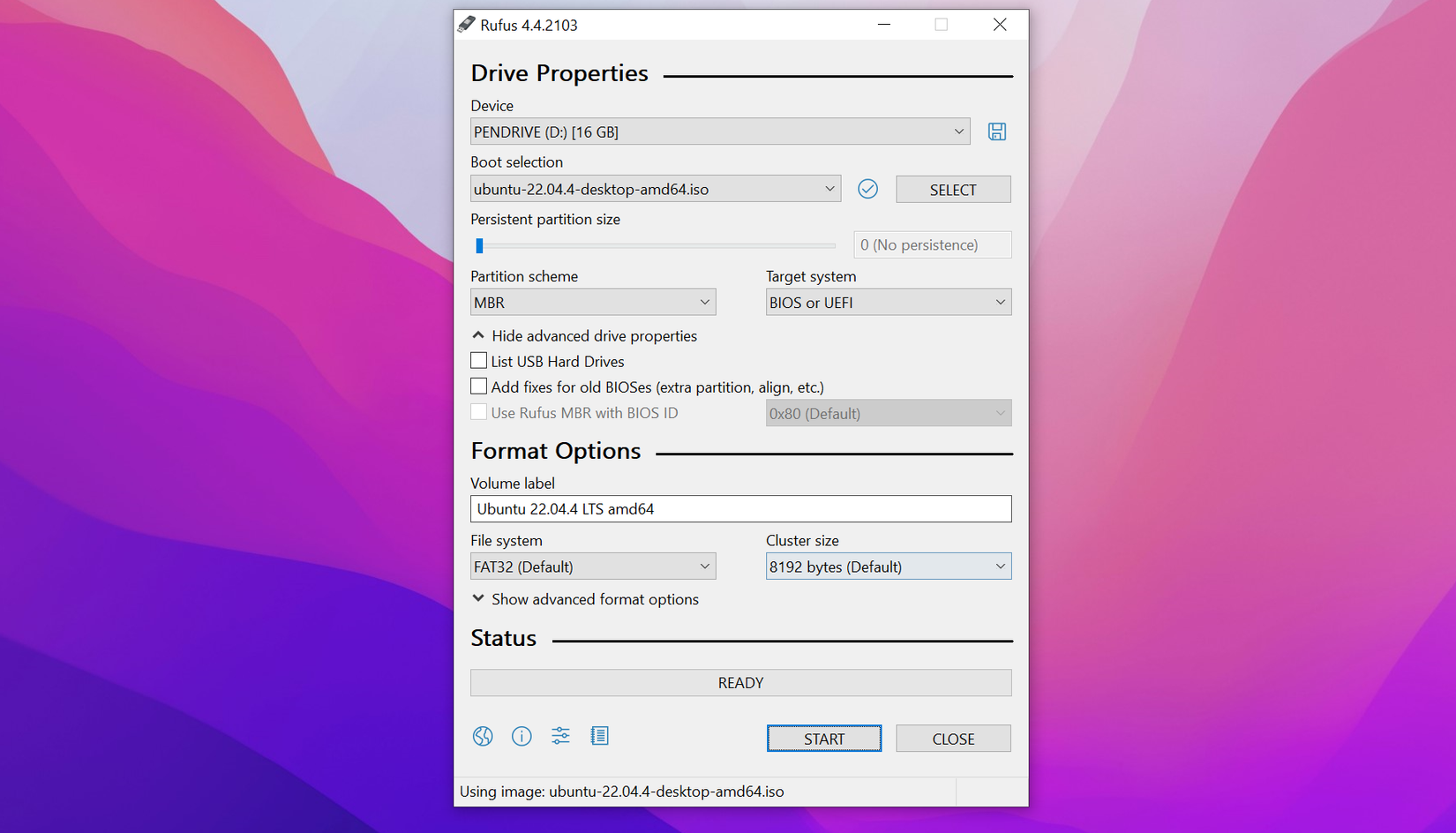 Окно Rufus при создании загрузочной USB