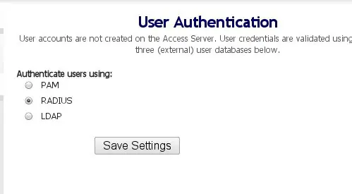 Selecionar RADIUS como método de autenticação no painel do OpenVPN
