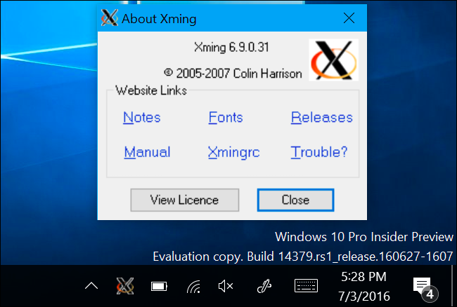 Xming в трее Windows, готов к подключению