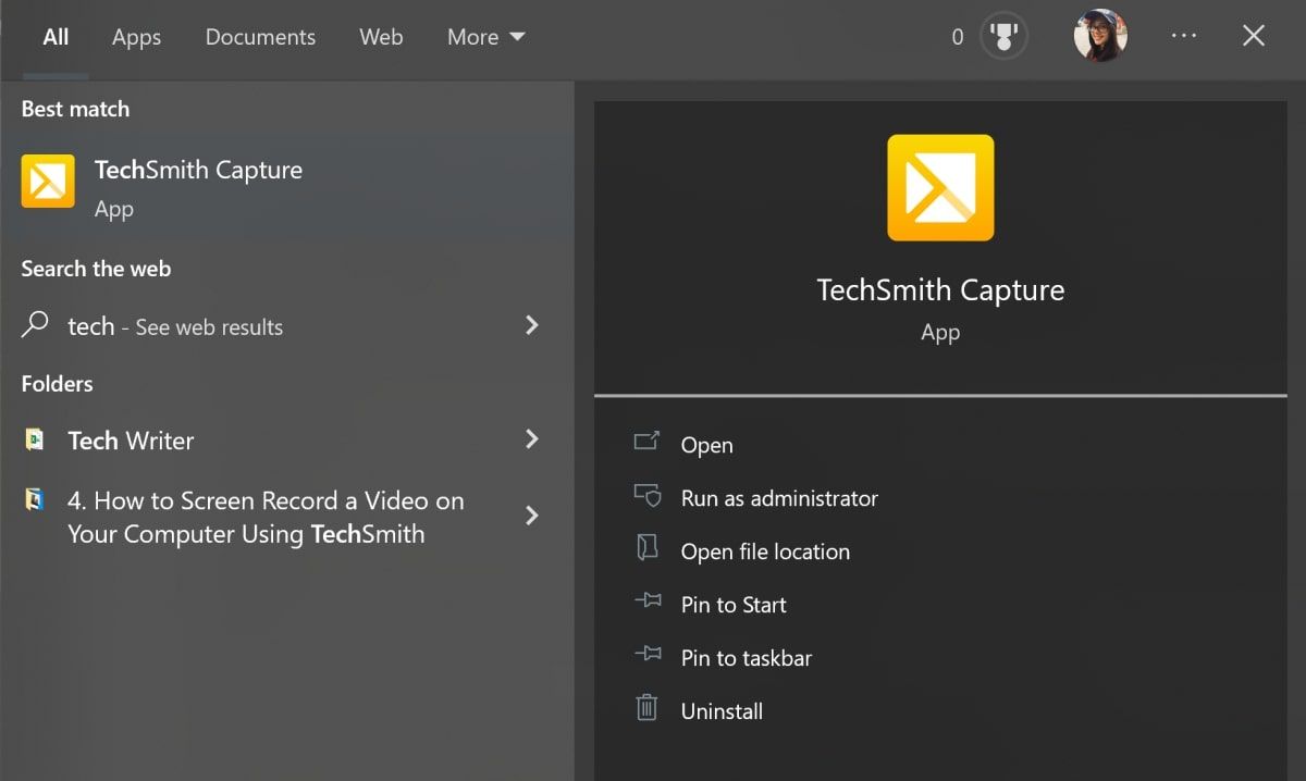 Поиск TechSmith в Windows