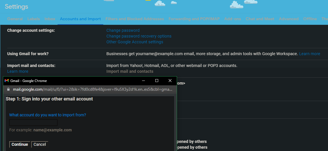 Окно импорта почты в Gmail