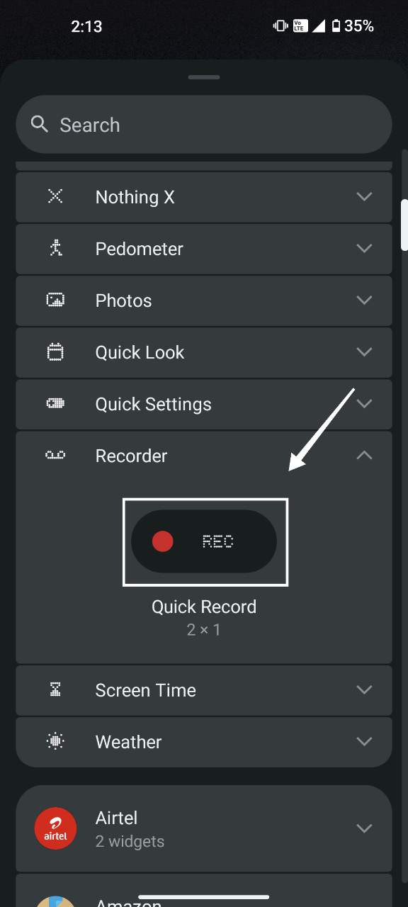 Перетаскивание виджета Quick Record на домашний экран