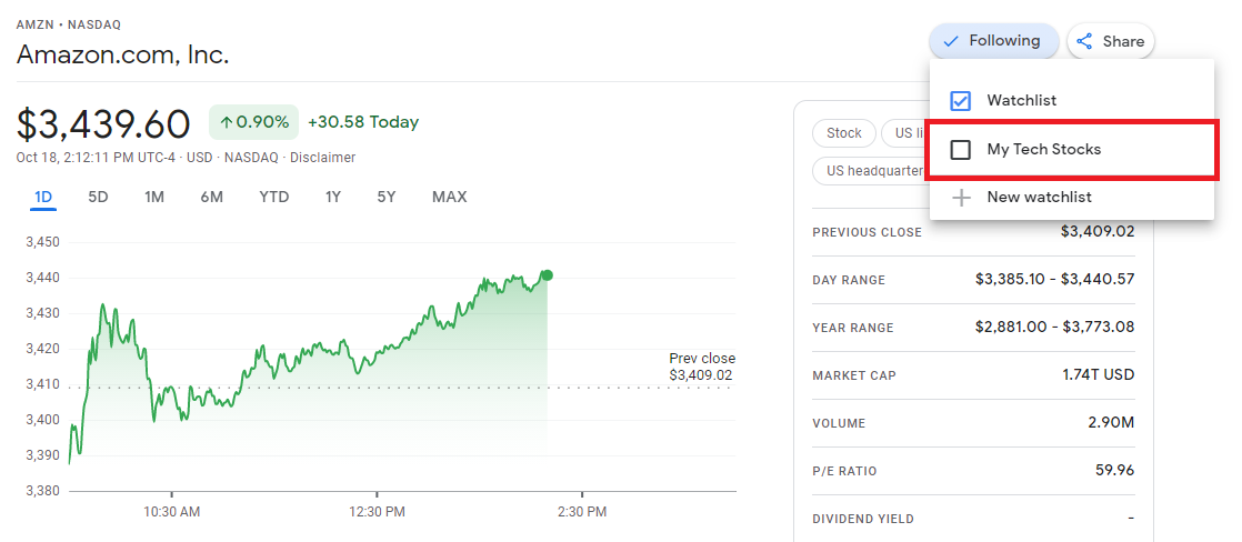 Экран Google Finance: перемещение в пользовательский список