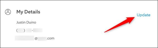 Нажатие Update для изменения номера телефона на сайте Ring