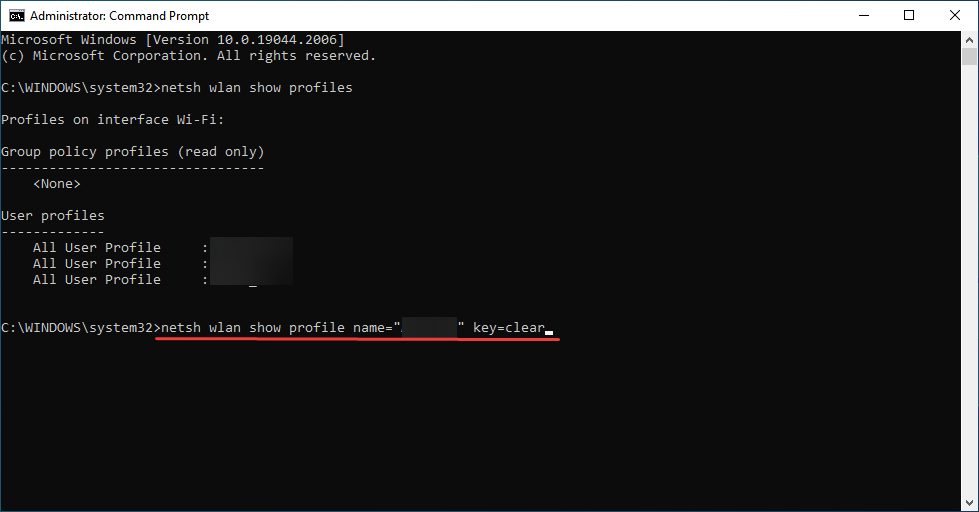 Команда netsh с ключом key=clear для показа пароля