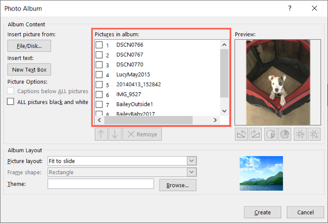 Список изображений в альбоме