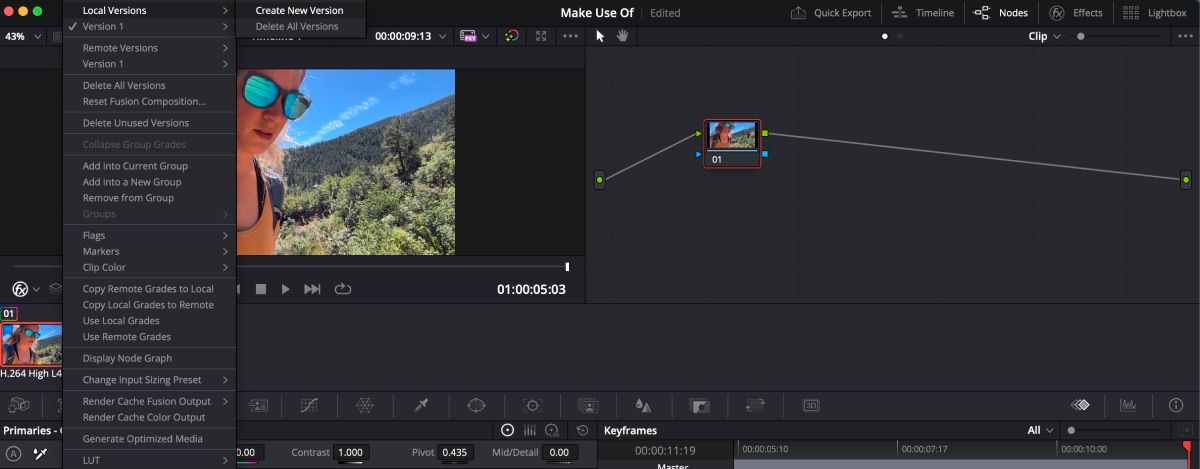 Создание новой версии на странице Color в DaVinci Resolve