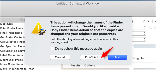 Диалоговое окно с предложением автоматически добавить действие для сохранения оригиналов в Automator