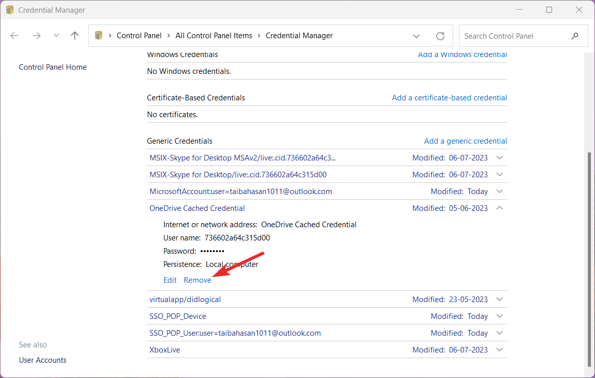 Кнопка удаления записи учётных данных OneDrive