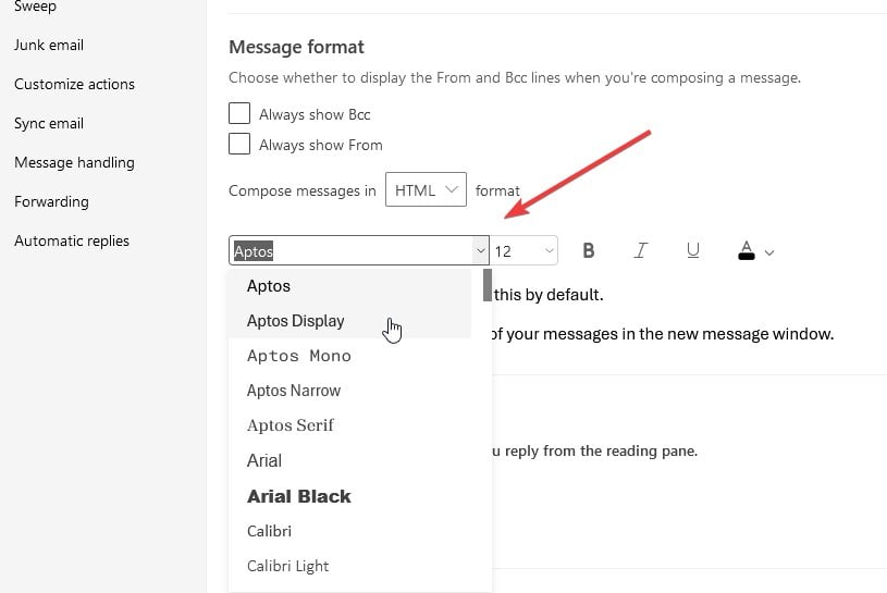 Формат сообщения и выбор шрифта в Outlook.com