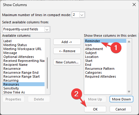 Столбец Напоминание добавлен в список