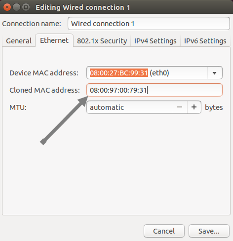 Поле для ввода клонированного MAC-адреса в настройках соединения Ubuntu