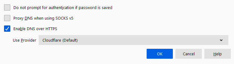 Firefox DNS over HTTPS settings — скриншот настроек Firefox с галочкой 