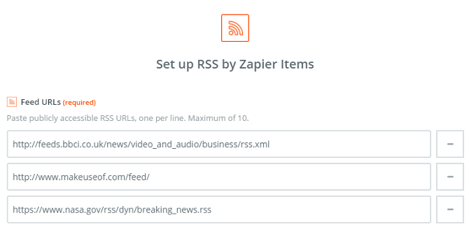 Ввод нескольких URL RSS в Zapier — поля для ссылок