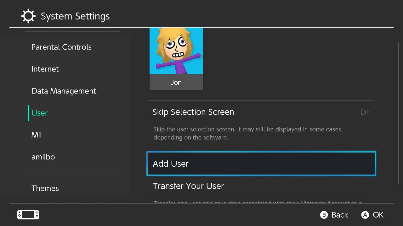 Скриншот опции Добавить пользователя на Nintendo Switch