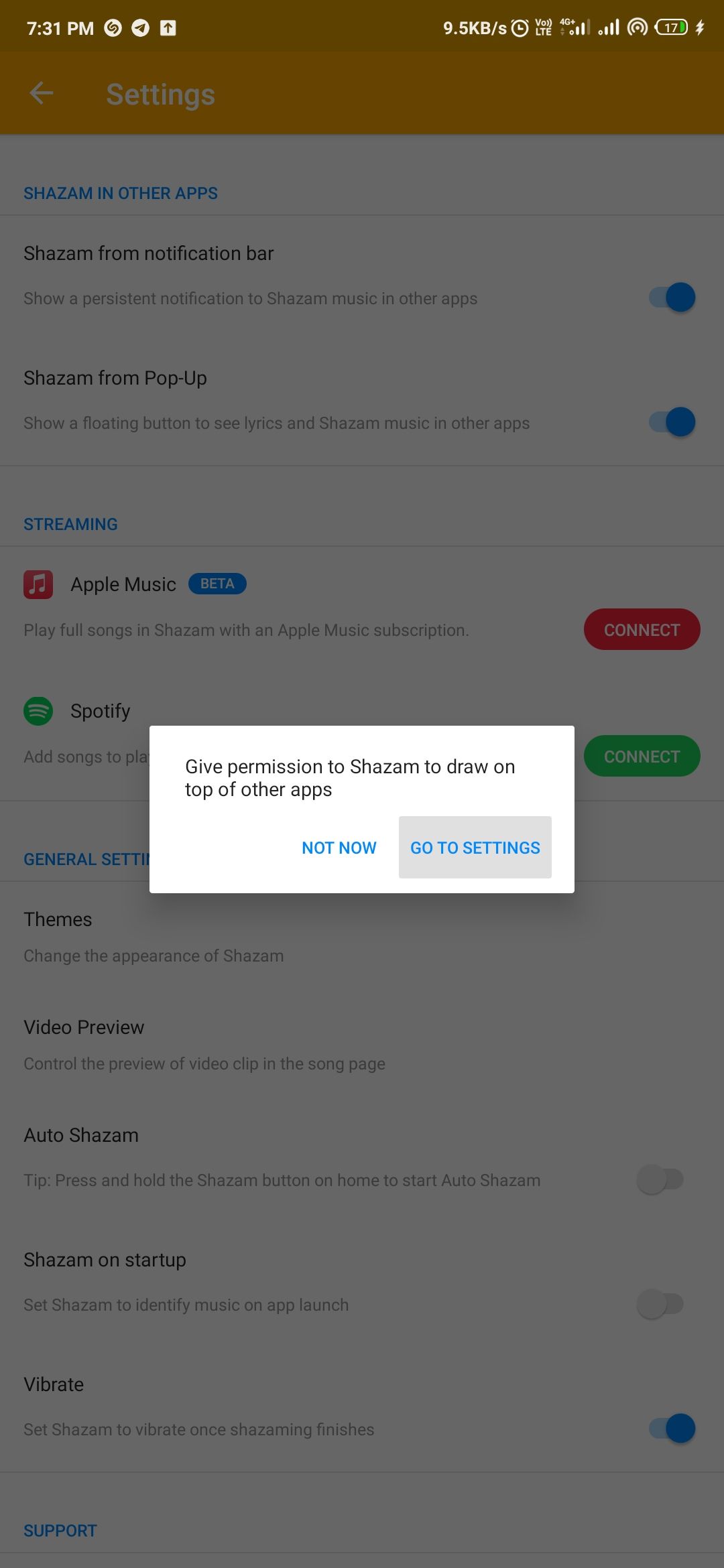 Разрешение для всплывающего окна Shazam