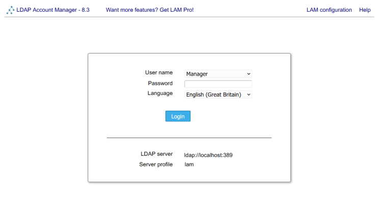 Главная страница LDAP Account Manager после установки