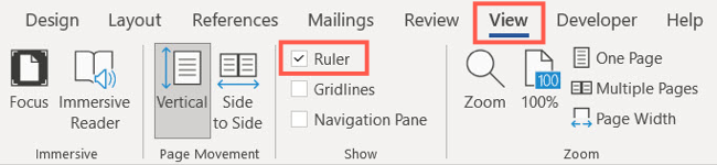 Флажок 'Линейка' на вкладке 'Вид' включён