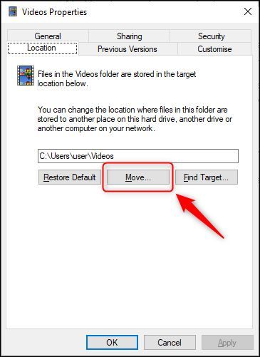 Кнопка «Переместить» в окне свойств