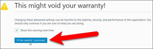 Предупреждение about:config в Firefox