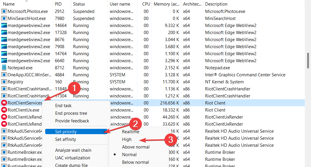 Установка высокого приоритета процесса League of Legends в Диспетчере задач