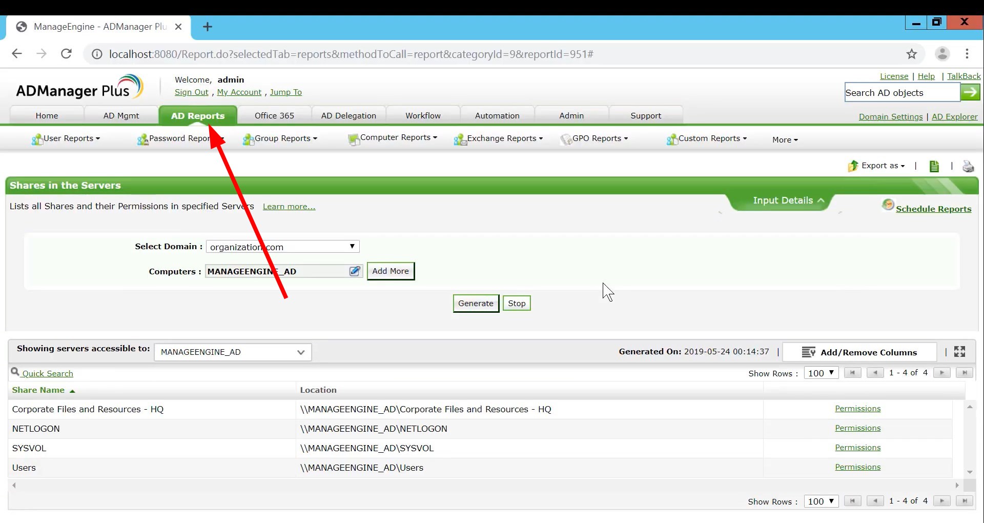 Вкладка AD Reports в интерфейсе ADManager Plus