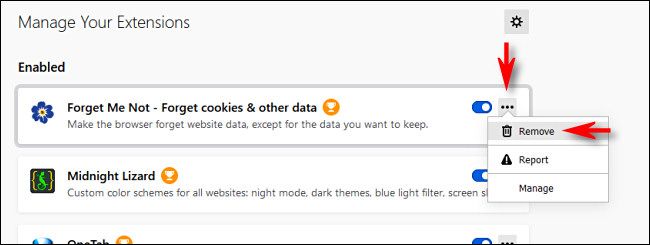Чтобы удалить расширение, нажмите кнопку с тремя точками и выберите «Удалить».