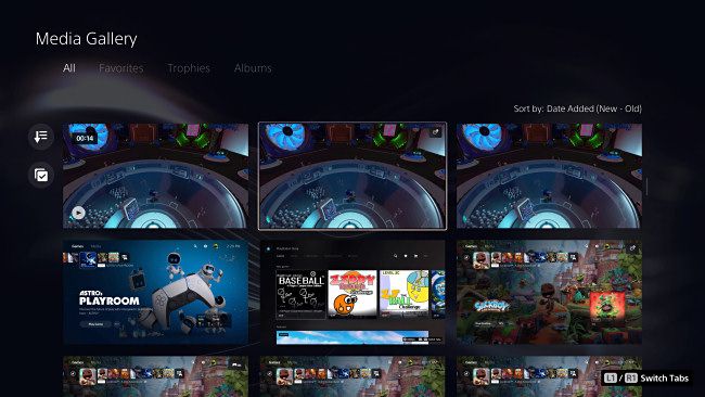 Приложение Media Gallery на PS5 с миниатюрами захваченных файлов.