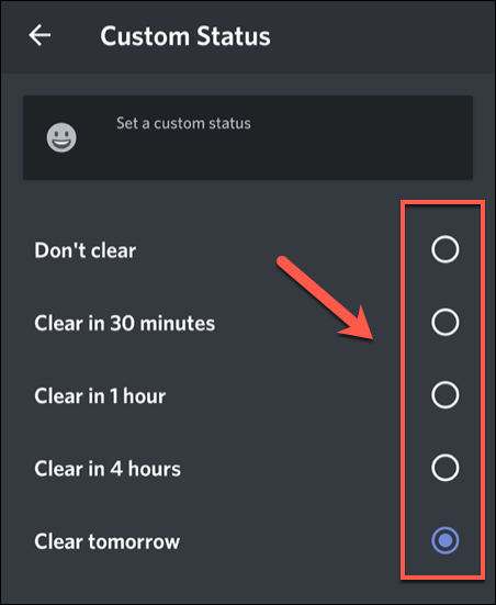 Выбор времени истечения пользовательского статуса на мобильном устройстве